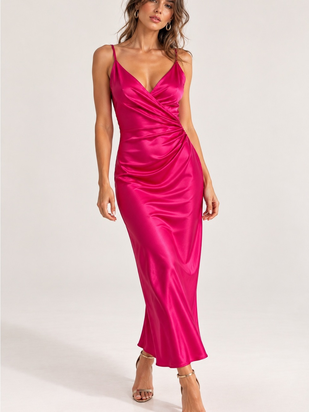 Zara Hot Pink Satin Midi Dress with Ruched Side